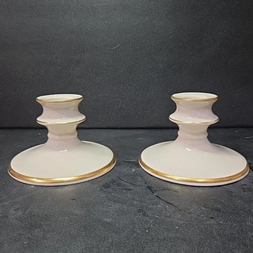 Pickard China‎ Porcelain Candle Holders, Set of 2, Vintage Gold Trim Accents